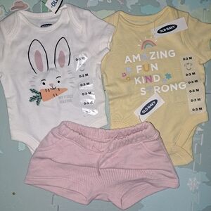 Yellow and White Baby Bodysuits with Pink Shorts